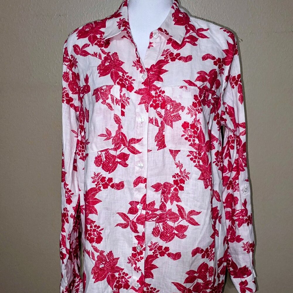 Charter Club Linen Floral Button-Up Shirt – Red & White – Size L